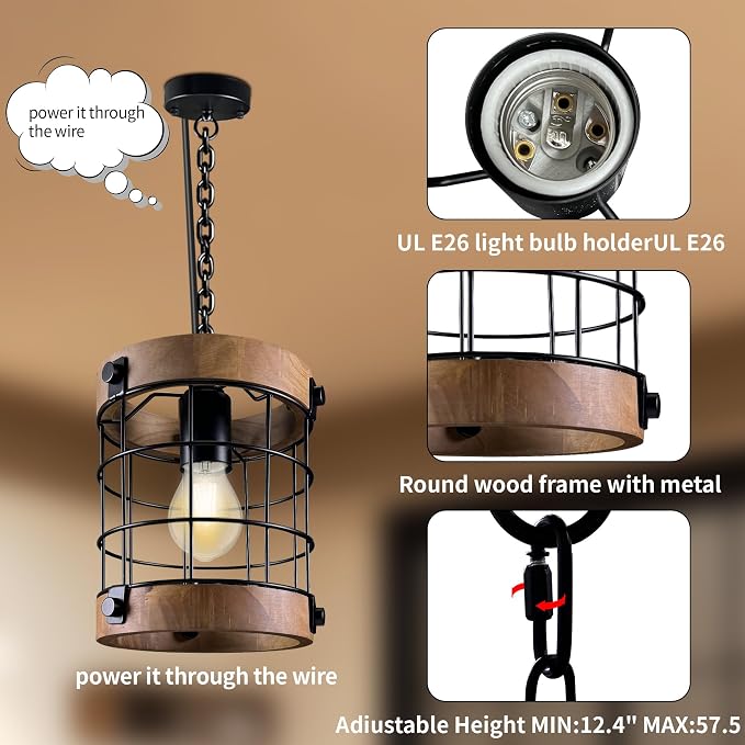 Farmhouse Pendant Light Fixtures, Wood & Metal, E26 Max 60W | Rustic Hanging Lamp for Kitchen, Sink, Entryway – Adjustable 47.2" Pipe, Sloped Ceiling Compatible, LED/Incandescent