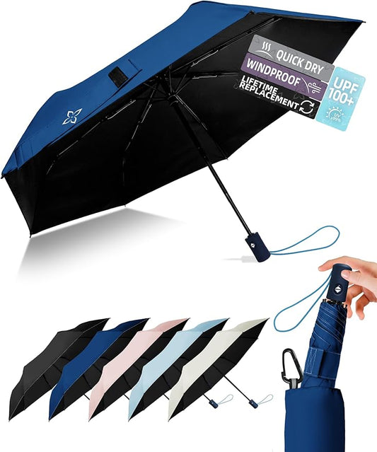 Windproof Travel Umbrella for Rain - 43" Compact Folding Umbrella, Reinforced Strong Frame, Lightweight Portable Parasol with UPF 100+ UV Sun Protection, Cruise Ship Essentials