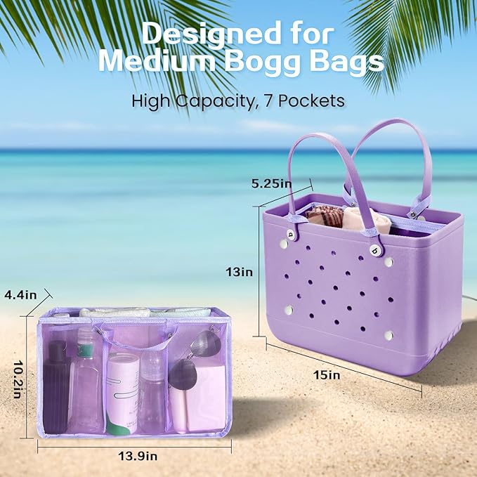 XYFuuee Beach Bag Organizer Inserts for Baby Medium Bogg Bag Accessories with 8 Removable Metal Fasteners, Lightweight Mesh Insert Divider Pouch, Organizing Rubber Tote, Save Storage Space, Purple M