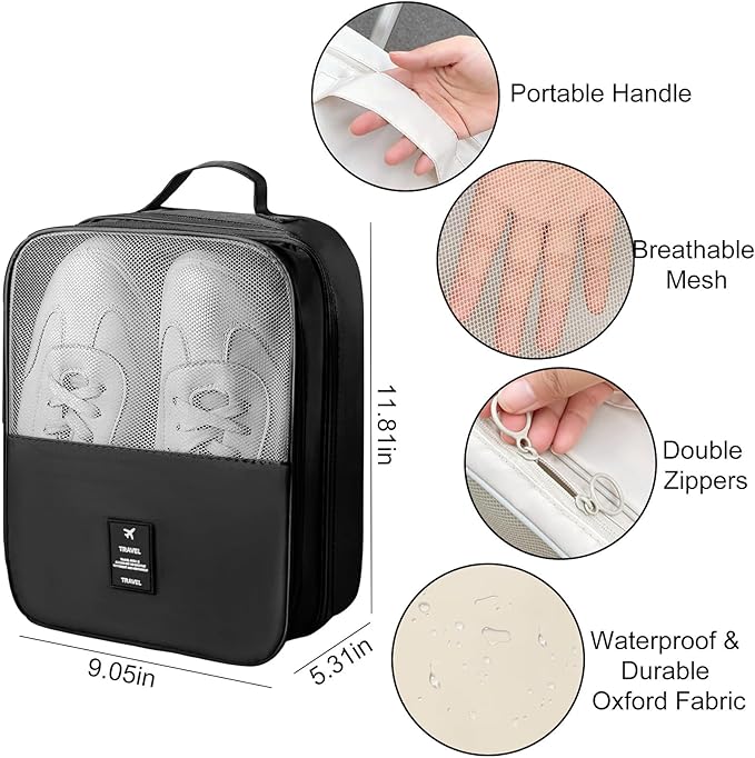Shoe Bags for Travel Holds 3 Pair of Shoes, Shoe Storage Pouch with 2 Pack Portable Bags, Waterproof & Washable, Black