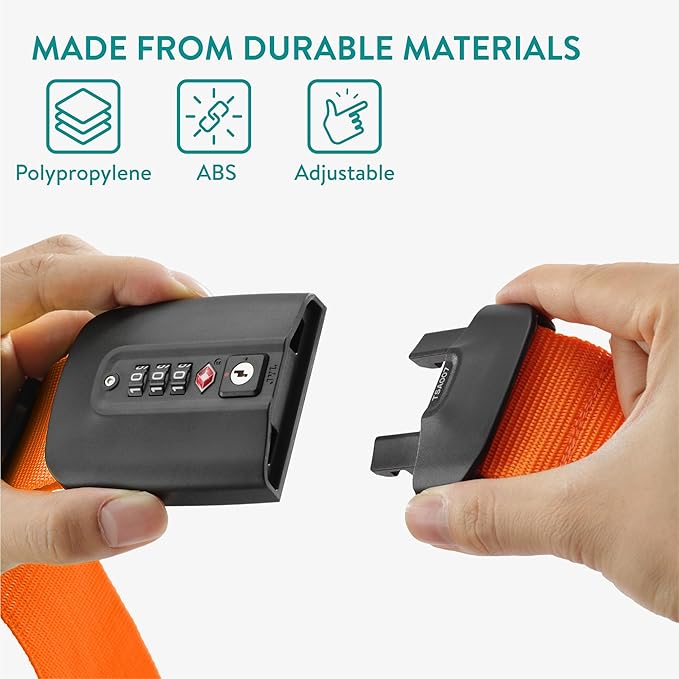 Navaris TSA Luggage Strap - Secure Adjustable Strap for Suitcases with Combination Lock - Lockable Cross Case Travel Belt for Luggage with ID Tag - Orange