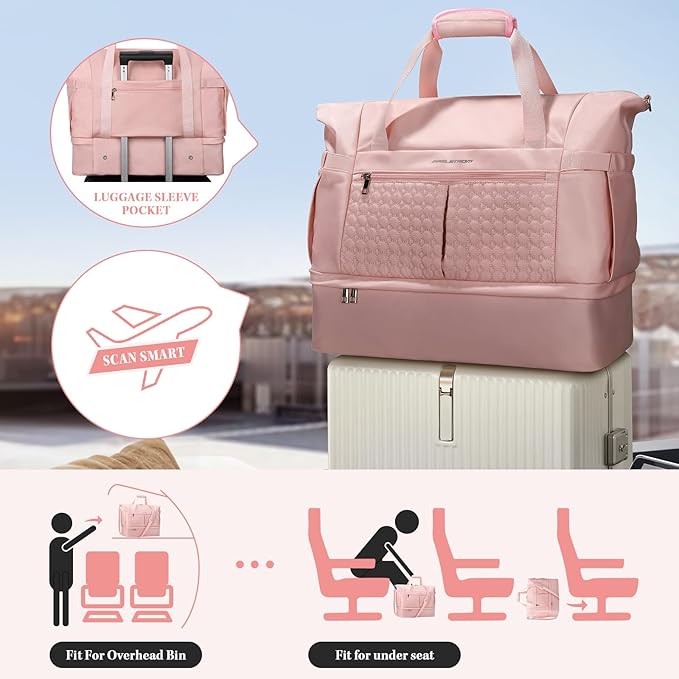 Maelstrom Gym Bag for Women,40L Travel Duffel Bag with Shoes Compartment and Wet Pocket,Waterproof Carry On Weekender Bag,Sport Gym Tote Bags Swimming Yoga, Hospital Holdalls（Pink)