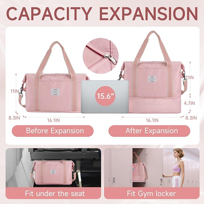 WALNEW Travel Duffel Bag, Weekender Overnight Carry On Bag for Women Men, Foldable Waterproof Gym Luggage Duffle Bag with Metal Buckle Detachable Shoulder Strap and Wet Compartment (Pink)
