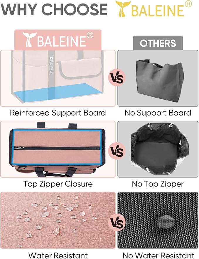 BALEINE Large Utility Tote Bag with Reinforced Bottom, Multi Pockets Foldable Tote Bag for Nurse, Travel, Work