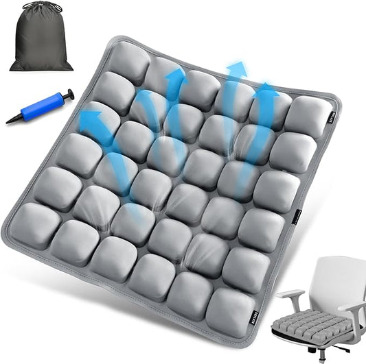Grey Travel Seat Cushion – Portable Inflatable 3D Air Cell Seat Cushion for Long Flights, Car, Office, Wheelchair, Ergonomic Design for Tailbone Relief & Compact Support