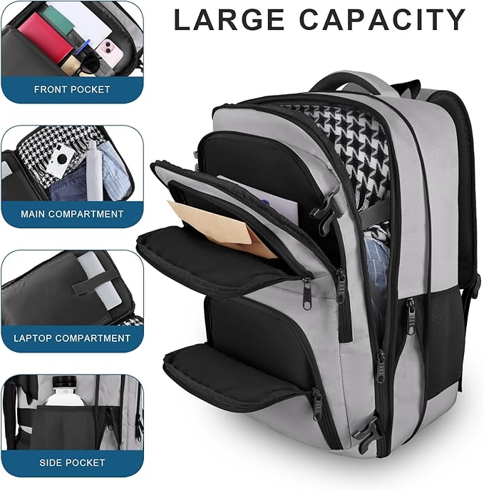 Large Travel Backpack, Laptop Backpack for women, Expandable 52L Carry On Backpack, Airline Approved Water Resistant Weekender 18.4 Inch Laptop Backpack, Business Computer Bag with USB Port, Grey