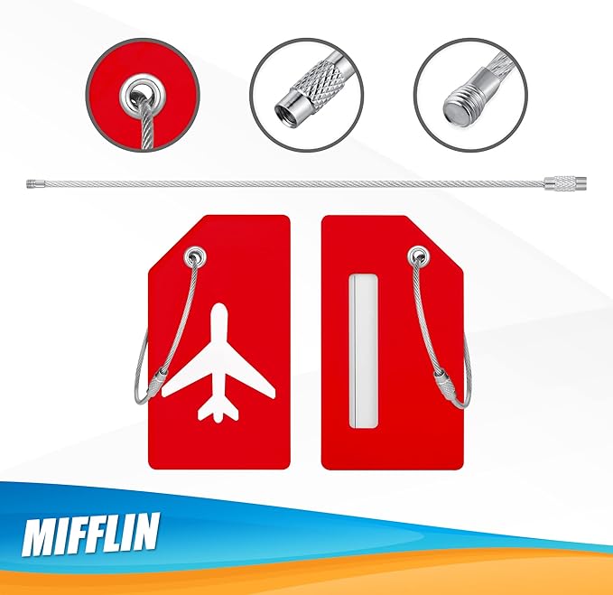 Mifflin-USA Silicone Luggage Tags (Red, 2 Pack) with Plane Embedded Design & Name ID Card; Bright Colors to Quickly Find Your Bag