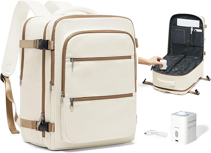 Vacuum Backpack Travel with Pump,Vacuum Sealed Backpack,Travel Backpack with Vacuum System,40x30x20 Airbag Travel,Laptop Vacpack Backpacks Bag Airline Flight Approved,Beige
