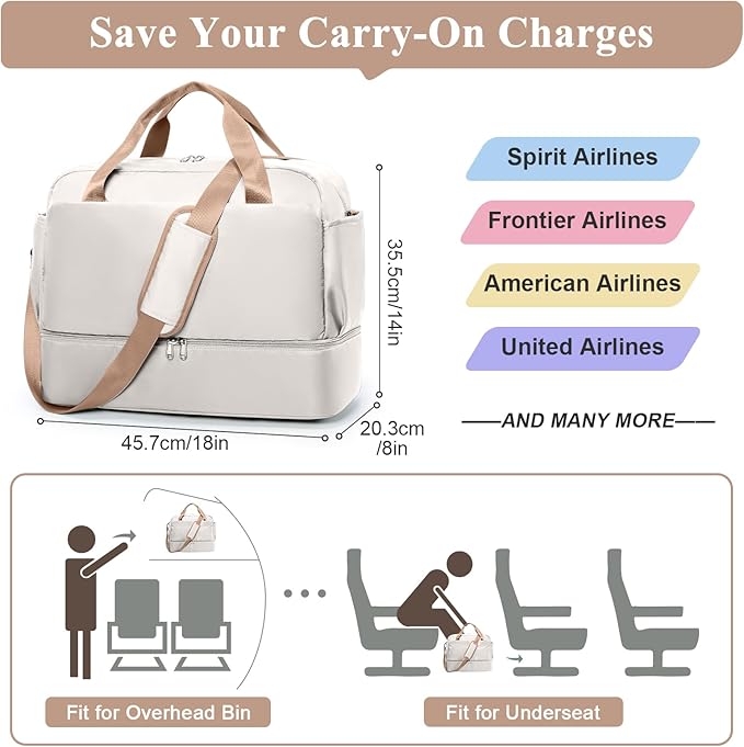 Travel Duffel Bags for Women, Carry-on Overnight Weekender Bag with Wet Pocket & Toiletry Bag, For Spirit Airlines 18x14x8 Personal Item Bag