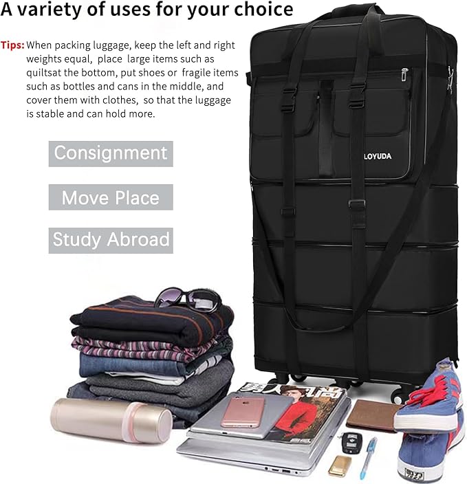 130L Expandable Luggage, 40 Inch Suitcase with Wheels, Collapsible Luggage with Wheels, Rolling Duffle Bag with wheels, Foldable Suitcasewith2Handle Wrap 2Fixing Straps 1Shoulder Strap (Black)