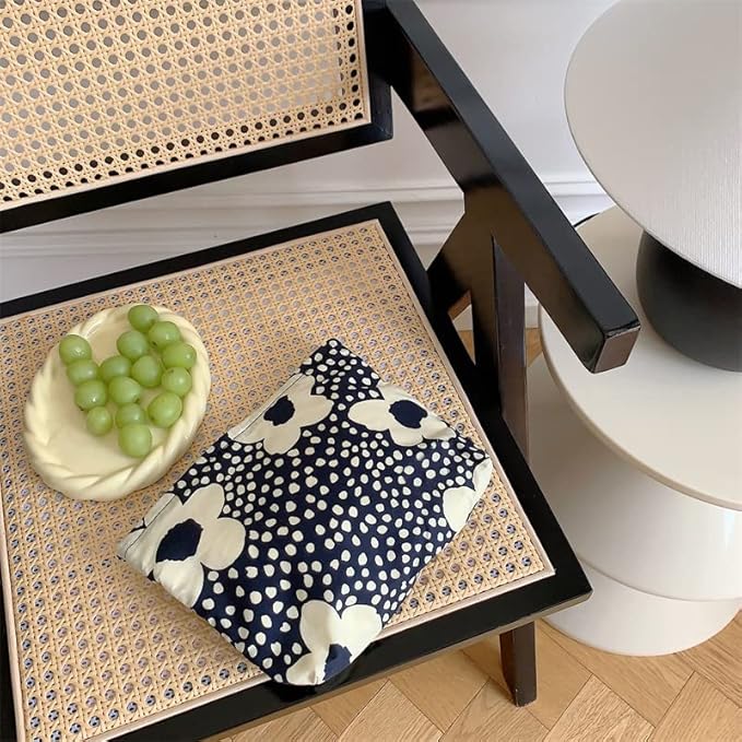 PAZIMIIK Floral Makeup Bag Large Cotton Zipper Pouch for Purse Travel Canvas Make Up Organizer for Women Cosmetic,Floral Navy Blue