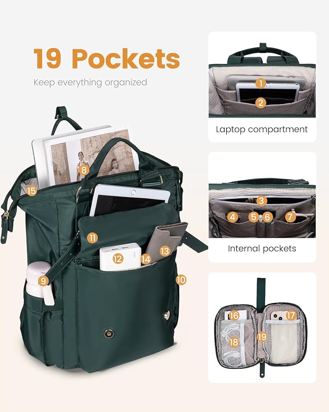 LOVEVOOK Laptop Backpack for Women Work Travel Backpack Purse, Nurse Bags Teacher Doctor Commuter Business Computer Bag, College Backpack Stylish Daypack, 15.6 Inch, Dark green-dark green