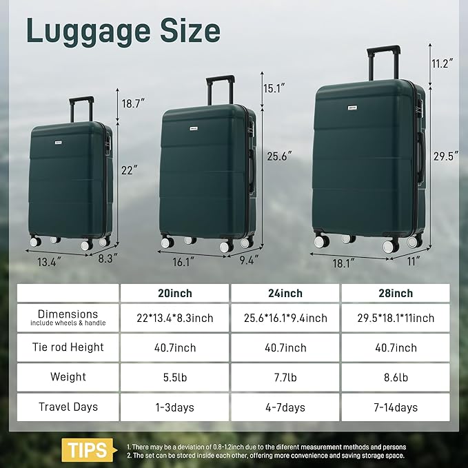 Merax Luggage Set, 3 Piece Hardcase Luggage with Double Spinner Wheels, Carry on Suitcase Airline Approved,20+24+28 inch,Dark Green