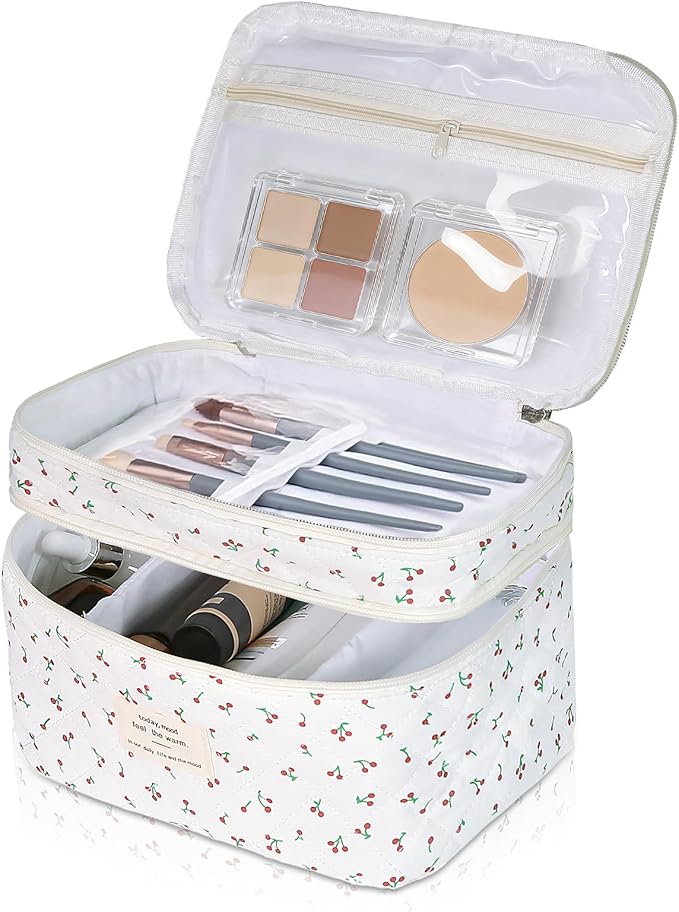 Makeup bag, Large Cosmetic Bag for Women Girls, Cute Quilted Makeup Bags, Floral Coquette Aesthetic Toiletry Bag, Travel Make Up Organizer Bag (Cherry)