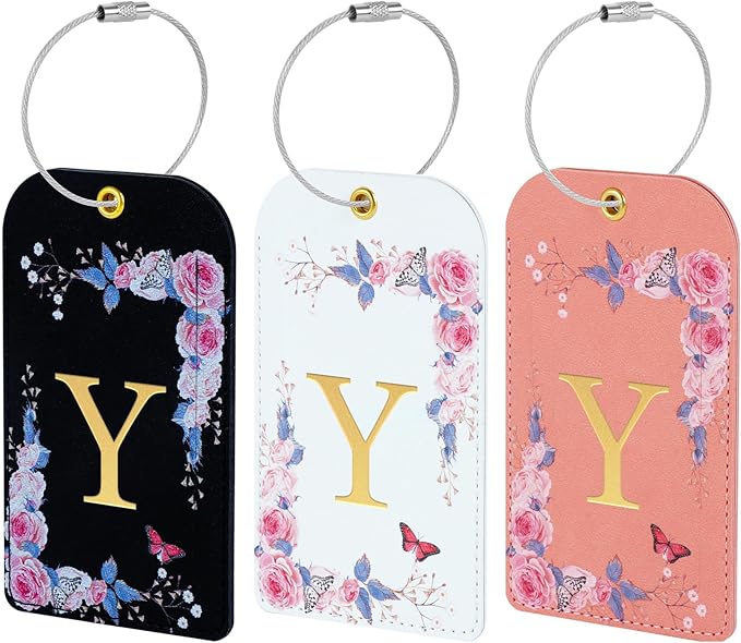 3 Pack Luxury Floral Luggage Tags, Durable PU Leather Suitcase Tags with Stainless Steel Cable Strap, Hidden ID Slot for Privacy Protection, Easy to Identify Waterproof Travel Accessories Gift (Y)