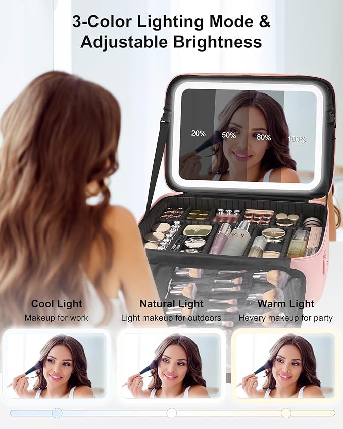 Relavel Large Makeup Case with LED Mirror, Train Cosmetic Case with Separate Brush Board, Professional Makeup Organizer Storage with Detachable Dividers for Makeup Artists, Hairstylist - Pink