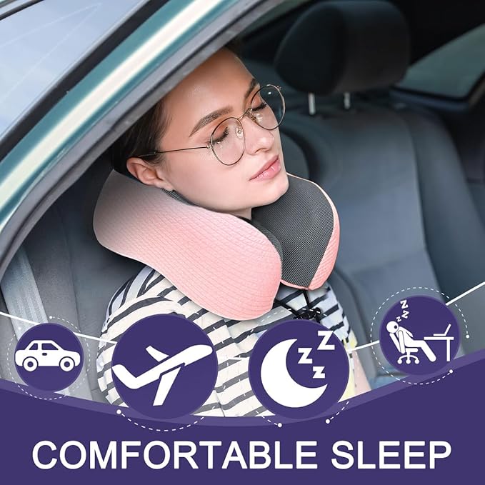 napfun Neck Pillow for Travel with Travel Pouch, Sleep Mask & Earplugs, Memory Foam Airplane Pillow for Headrest Sleep with Eyeshades, Plane Essentials with Eye Blindfold, Pink Striped Kit