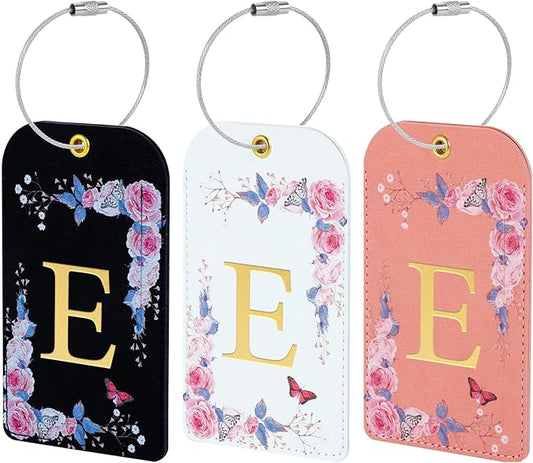 3 Pack Luxury Floral Luggage Tags, Durable PU Leather Suitcase Tags with Stainless Steel Cable Strap, Hidden ID Slot for Privacy Protection, Easy to Identify Waterproof Travel Accessories Gift (E)