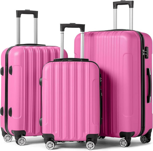 Karl home Luggage Set of 3 Hardside Carry on Suitcase Sets with Spinner Wheels & TSA lock, Portable Lightweight ABS Luggages for Travel, Business - Pink (20/24/28)