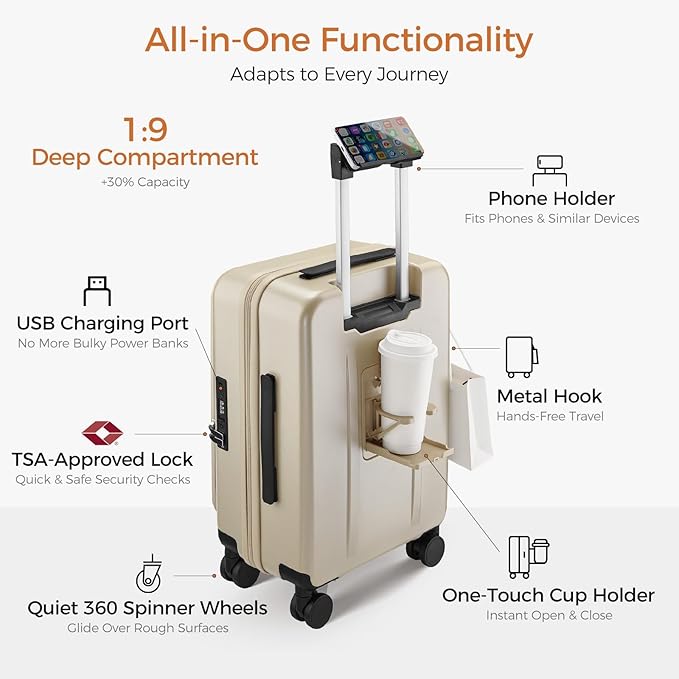 Carry On Luggage Top Opening with Cup Holder & Phone Holder, Expandable PC Hard Shell Suitcase, USB Charging Port, Side Hook, 360° Spinner Wheels, TSA Lock & YKK Zippers for Women Man Gifts