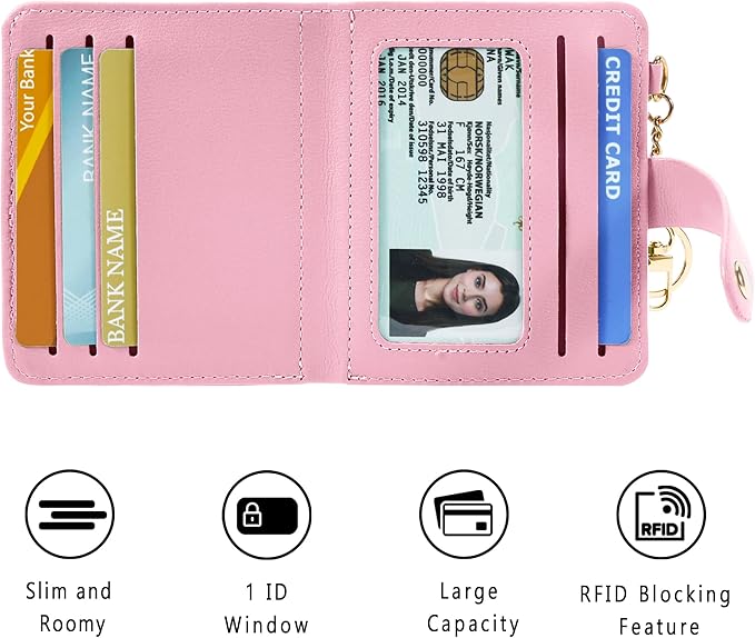 Airkit Small Wallets Woman RFID Blocking Leather Credit Card Holder - with ID Window - Card Wallets for Women - with Zipper Coin Purse - Keychain Wallet