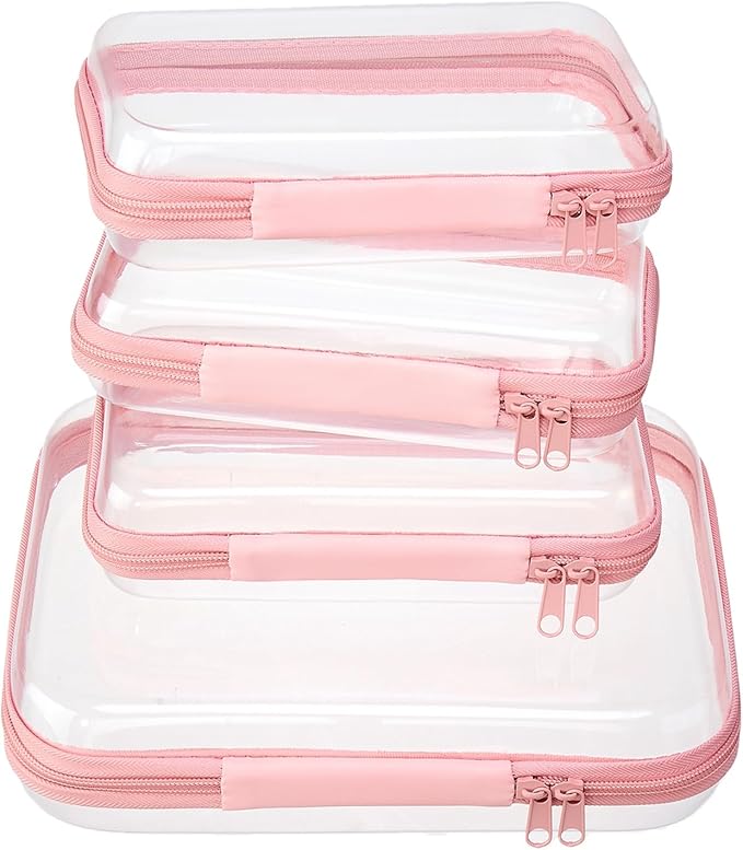 4 pcs Clear Zipper Pouches,Hard Shell Zipper Case, Toiletry Bag for Travel, CLear Diaper Bag, Toiletry Pouch, Travel Organizer, Cosmetic Bag,Toy Storage Bins (M+3S) (Light Pink)
