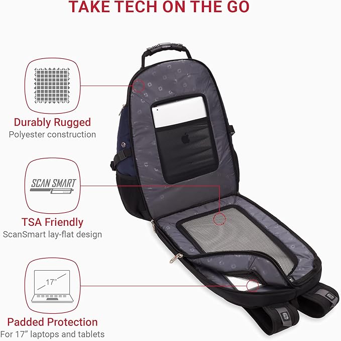 SWISSGEAR 1900 ScanSmart TSA Laptop Backpack Fits 17 Inch Laptop with RFID Protection and Tablet Pocket, Blue/Black, 19-Inch
