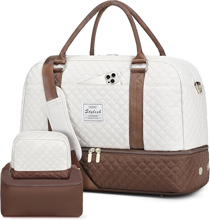 Weekender Travel Duffle Bag for Women: Overnight Bags with Shoe Compartment Carry on duffel Bag for Airplanes with 2 PCS Toiletry Bags Weekend Yoga Gym Hospital Bag with Wet Pocket Brown