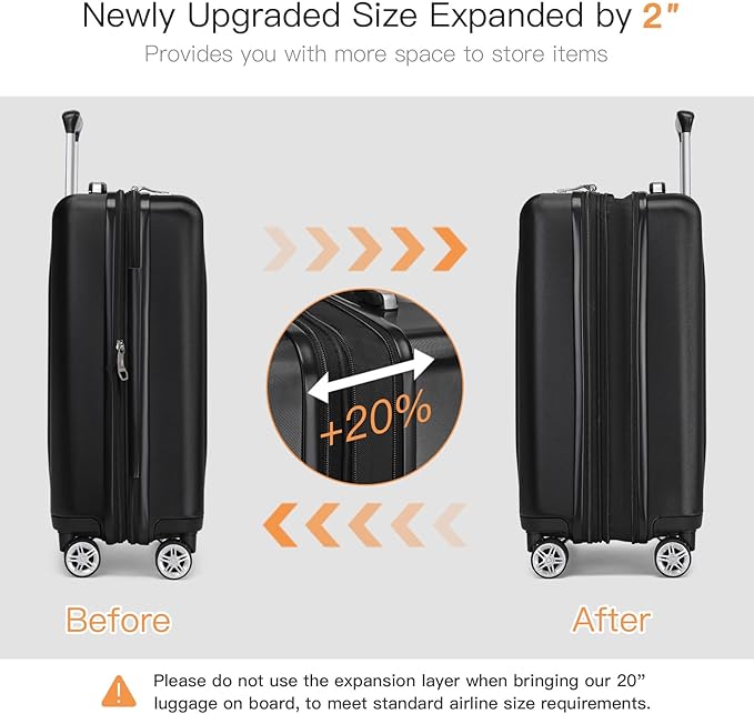 Kono Small 20 Inch Expandable Carry On Luggage with Quiet Spinner Wheels & TSA Lock, Scratch and Drop Resistant PC+ABS Hardside 22x14x9 Airline Approved Suitcase, Black