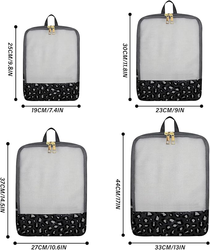 4 Set Packing Cubes Travel Luggage Organizers for Suitcase Travel Accessories for Women Girls Aesthetic Cute-Black Leopard Cheetah Pattern