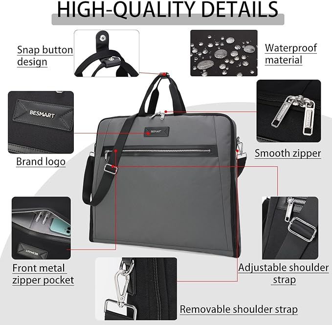 BE SMART Waterproof Foldable Garment Bags for Travel, 51" Large Travel Hanging Bags for Clothes, Carry on Suit Bag with Strap for Men Women, Wrinkle Free Luggage Suit Cover for Business Trips(Grey)