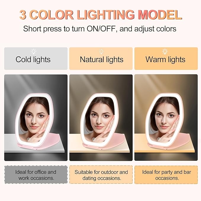 COSYGLOW Travel Makeup Mirror with Light: 3 Color Lighting Portable Mirror with Touch Screen Rechargeable Adjustable LED Lights Hexagon Vanity Mirror for Travel, Desk, Home (Pink)
