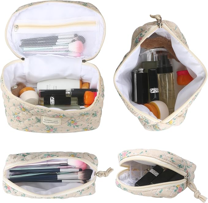 Cute Makeup Bag for Women(2 Pcs), Travel Cosmetic Bags, Quilted Coquette Aesthetic Floral Toiletry Organizer Bag (45 - Yellow Rose/4PCS)