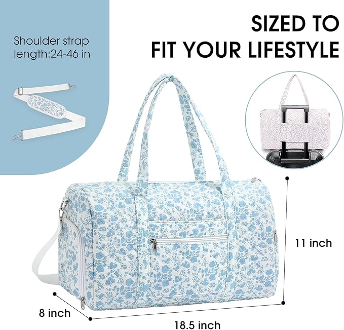 Duffle Bag, Gym Bag for Women, Quilted Duffle Bags, Travel Large Capacity Floral Weekender Bags with Shoe Compartment