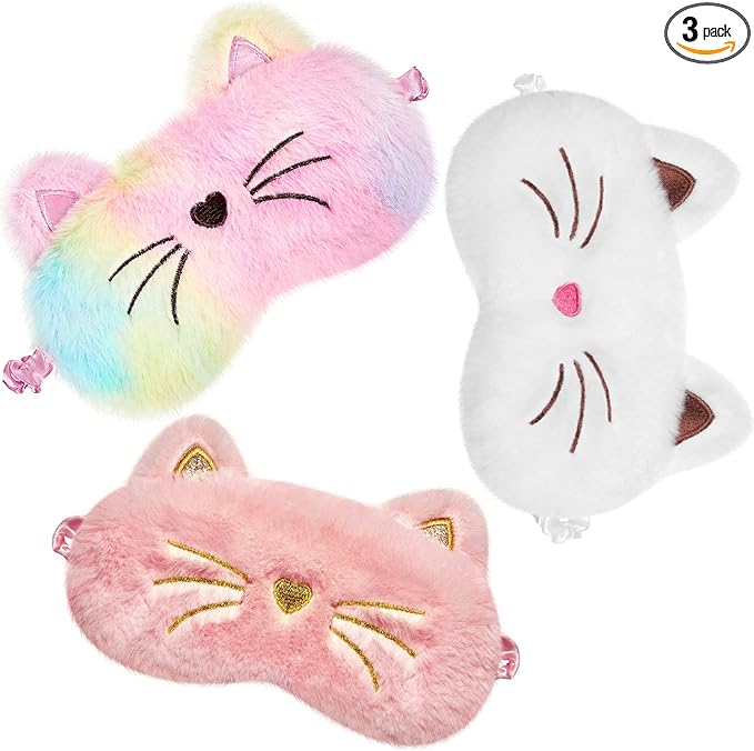 Geyoga Sleep Mask for Kids, Girls Plush Sleeping Eye Cover Soft Eye Blindfold Cover Animal Shade for Kids(White, Pink and Rainbow Color,Cat Style)