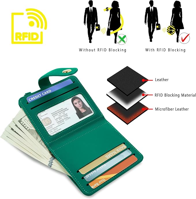 Airkit Small Wallets Woman RFID Blocking Leather Credit Card Holder - with ID Window - Card Wallets for Women - with Zipper Coin Purse - Keychain Wallet
