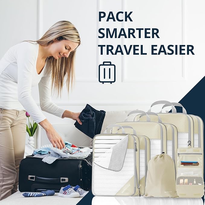 Compression Packing Cubes 8 Set, Compressible Space-Saving Packing Cubes for Travel - Compression Bags, Luggage Organizer, Travel Essentials for Women, Beige