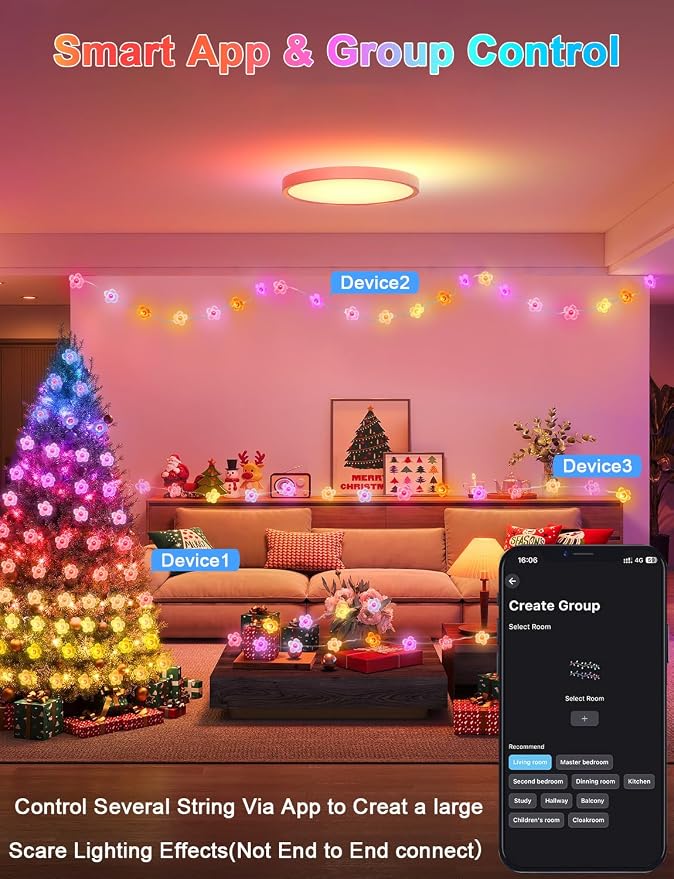 Cherry Blossom Flower String Lights Color Chaning Fairy Lights APP Control | 33Ft 66LED, 16 Million Colors, Remote, Music Sync, Timer, Twinkle Lights for Classroom Dorm Christmas Gift Decor, USB Plug