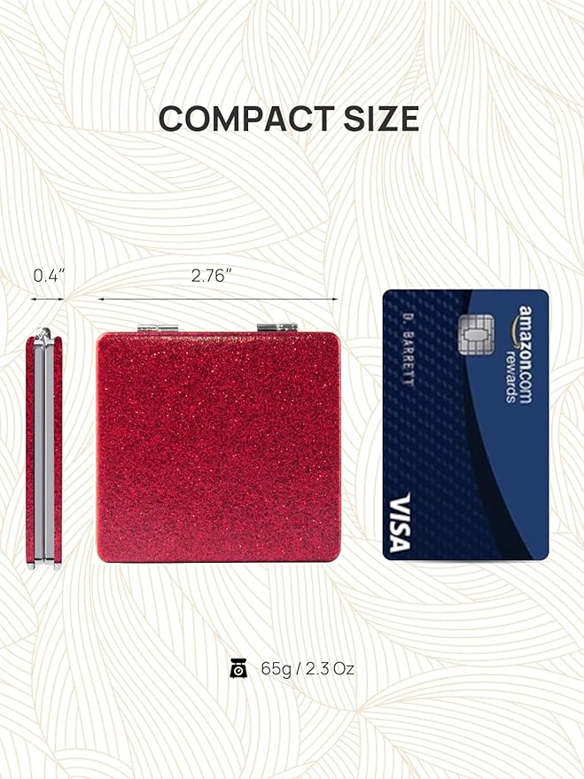 OMIRO Compact Mirror, Glitter PU 1X/3X Magnification, Ultra Portable for Purses (Red)