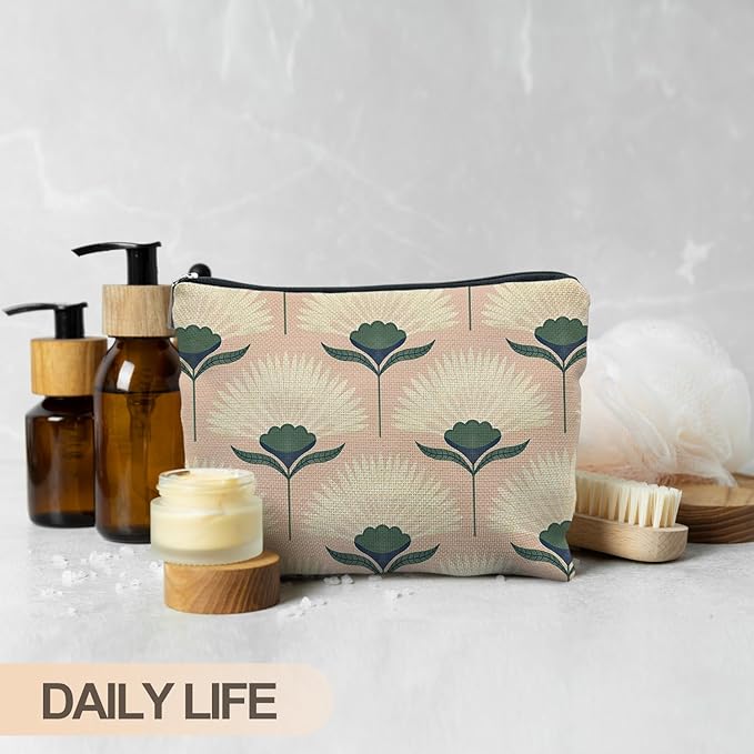 Vintage Boho Floral Pink Makeup Bag, Art Deco Floral Botanical Cosmetic Bags for Women, Boho Gifts for Women, Retro Mid Century Modern Art Zipper Makeup Pouch