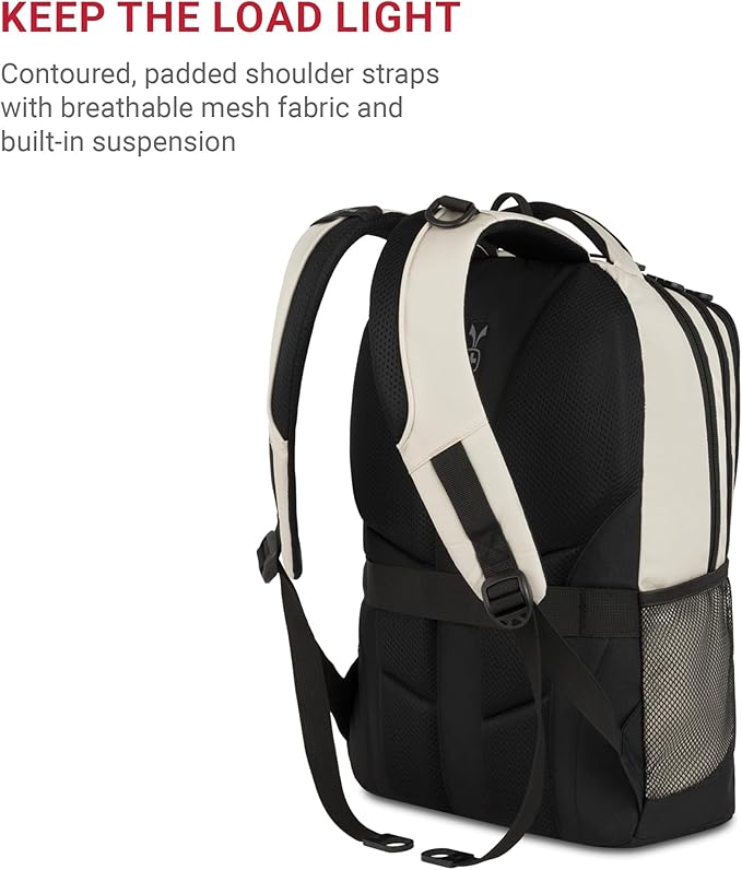 SWISSGEAR Cecil 18-Inch Laptop Backpack Fits 16-Inch Laptop, Travel Daypack with Organizer Pockets, Water Bottle Holders & Padded Straps – Cream/Black