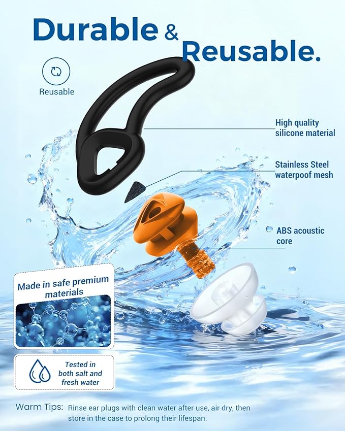 Ear Plugs for Swimming–2 Pairs Soft Silicone Reusable Waterproof Earplugs for Adults & Men Women, Custom Fit for Swimmers Ear, Pool, Beach, Snorkeling, Surfing, Kickboard Training(Orange)