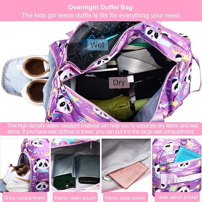 Gym Travel Duffle Bag for Girls - Gymnastics Sports Dance Bag with Shoe Compartment & Wet Pocket Panda Kids Travel Bag Teens Weekender Sleepover Carry On Bag