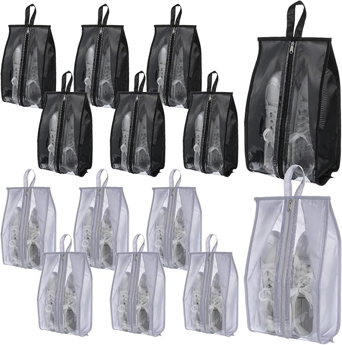 12 Pack Waterproof Shoe Bags for Travel, Portable Shoes Organizer with Zipper, Black and Grey Shoe Pouches for Men and Women