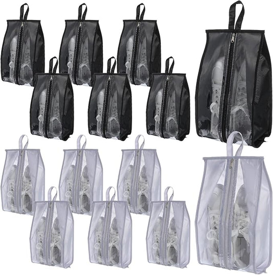 12 Pack Waterproof Shoe Bags for Travel, Portable Shoes Organizer with Zipper, Black and Grey Shoe Pouches for Men and Women