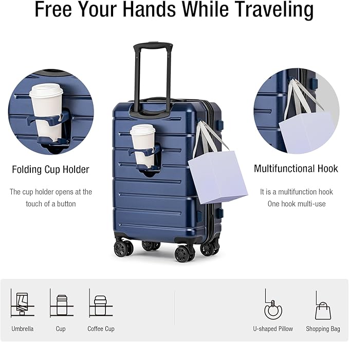 KYME Carry On Luggage 22x14x9 Airline Approved Hardshell Carry On Suitcases with Wheels Travel Rolling 20 Inch Luggage with Cup Holder for Women Men,Carry-on Navy
