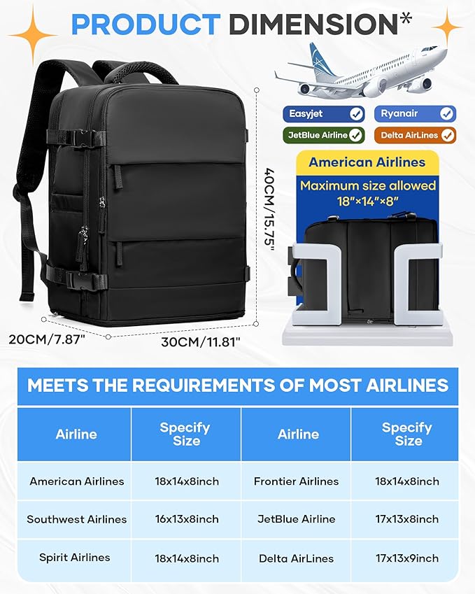 coofay Black Travel Backpack Carry on Flight Approved Mochila De Viaje Personal Item Backpack for Airlines Frontier Airlines Personal Item Bag Large Backpack for Travel Backpacks for Men Women