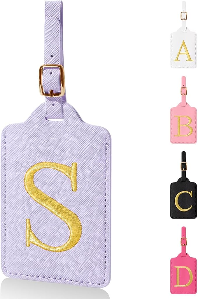 Personalized Initial Luggage Tags for Suitcases,Leather Letter Cute Luggage Tags with Privacy Name Card,Embroidered Monogrammed Travel Bag Backpack Tag Gifts for Women Kids Girls Teens(Purple-S)