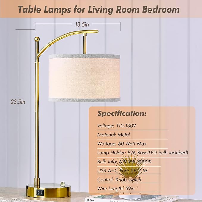 Table Lamp for Living Room Bedroom, 23.5" Table Lamps Set of 2 with USB C+A Ports, Bedside Lamps for Nightstand with Linen Lamp Shades, 2 Dimmable LED Bulbs Included, Gold