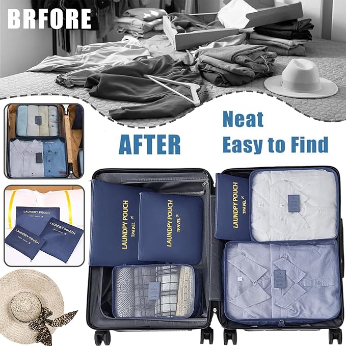 6 Set Packing Cubes for Travel Luggage Packing Bags Reusable Waterproof Suitcase Organizer Bags Set with Shoe Bag and Toiletry Bag (Navy Blue)